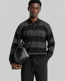 Pull col polo à rayures en laine gris