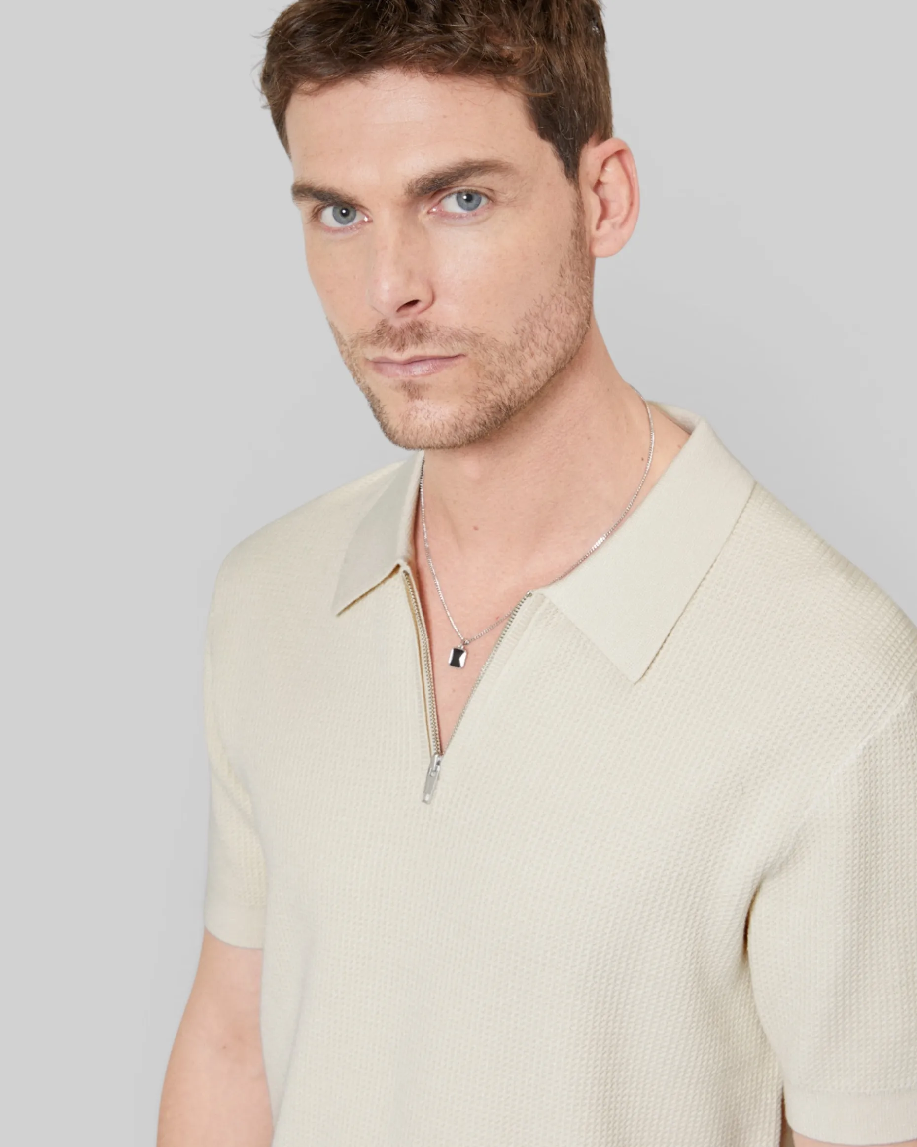 Pull col polo à zip beige
