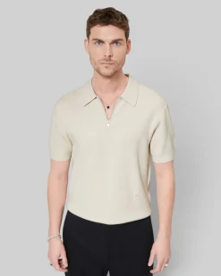 Pull col polo à zip beige