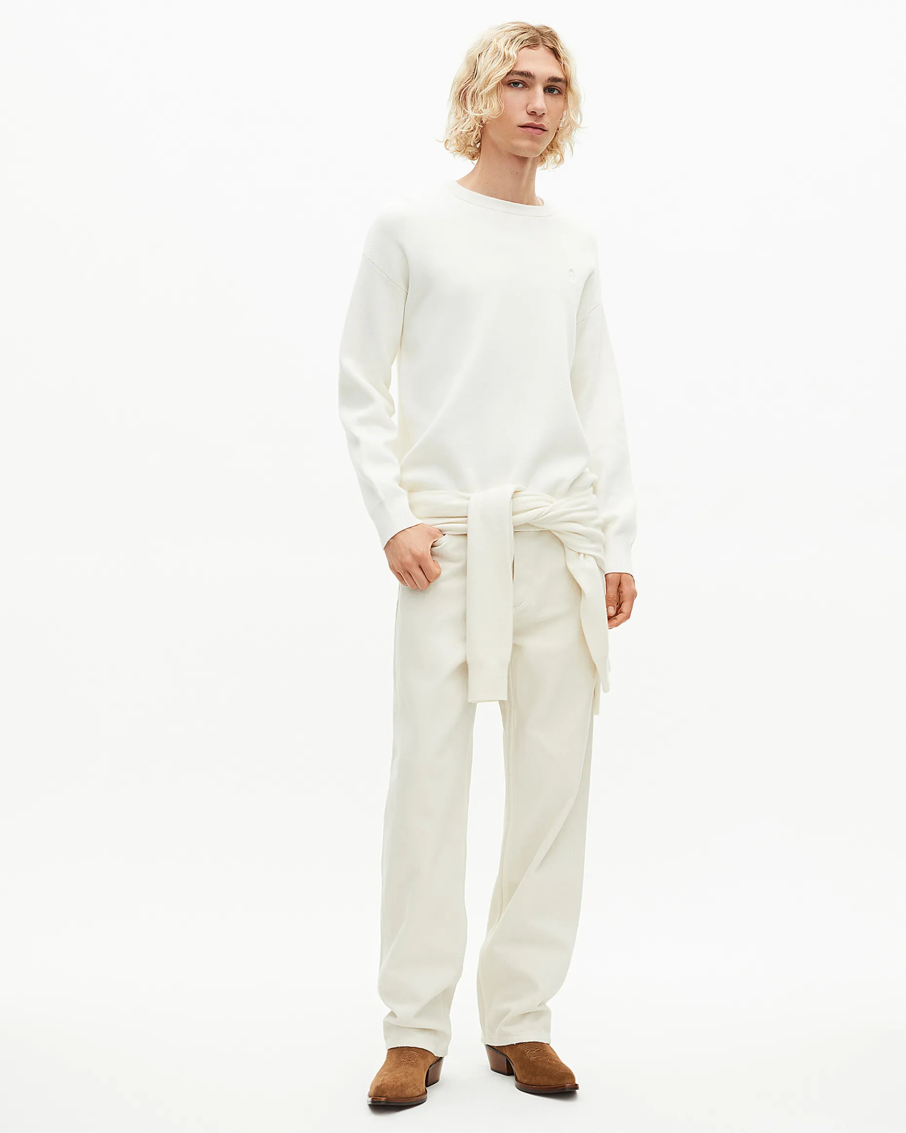 Pull col rond en laine double face écru