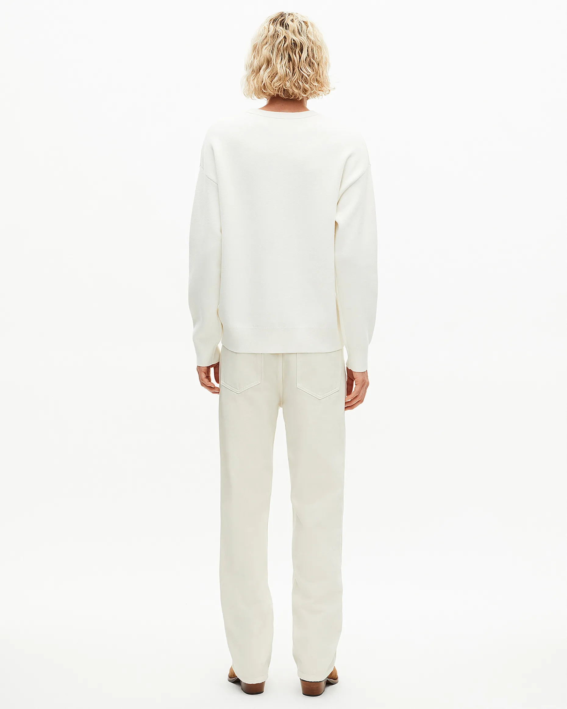 Pull col rond en laine double face écru