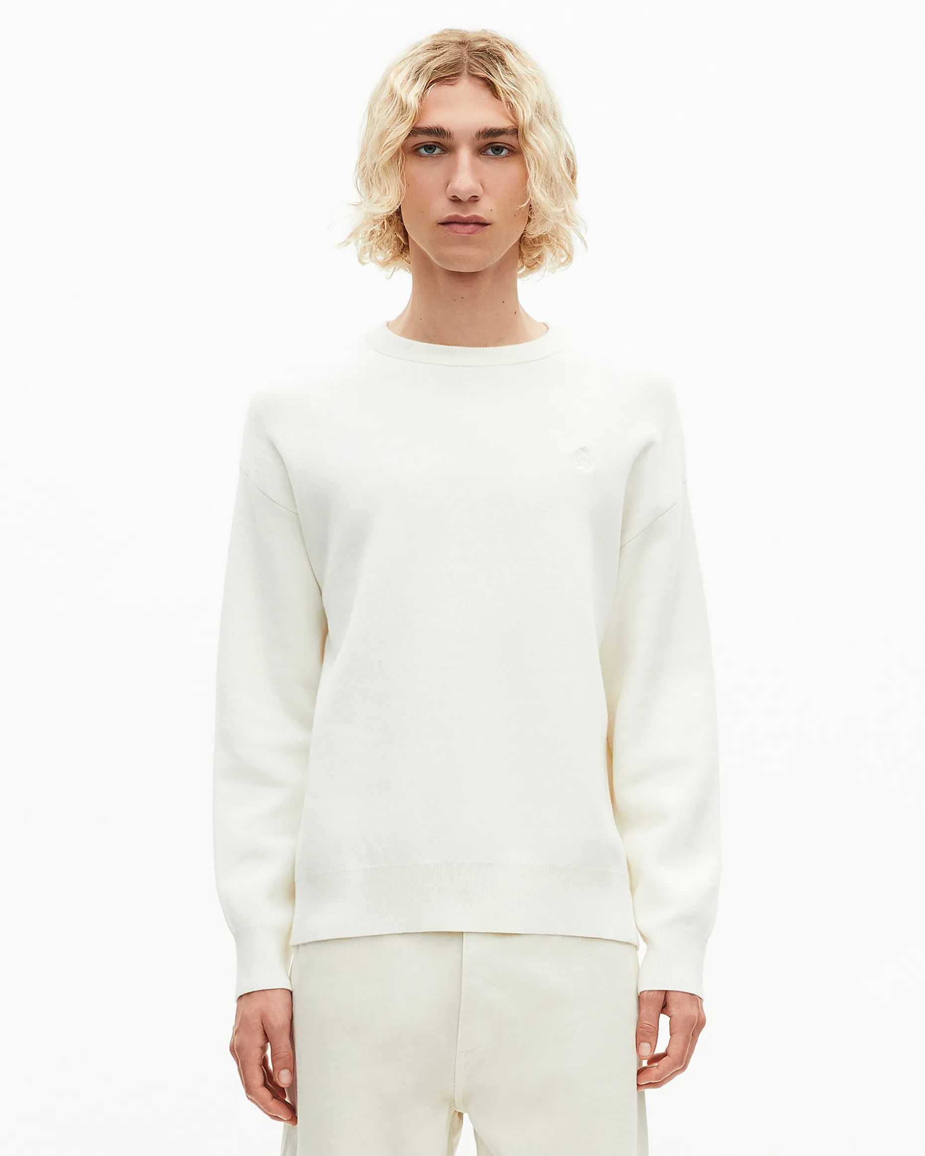 Pull col rond en laine double face écru