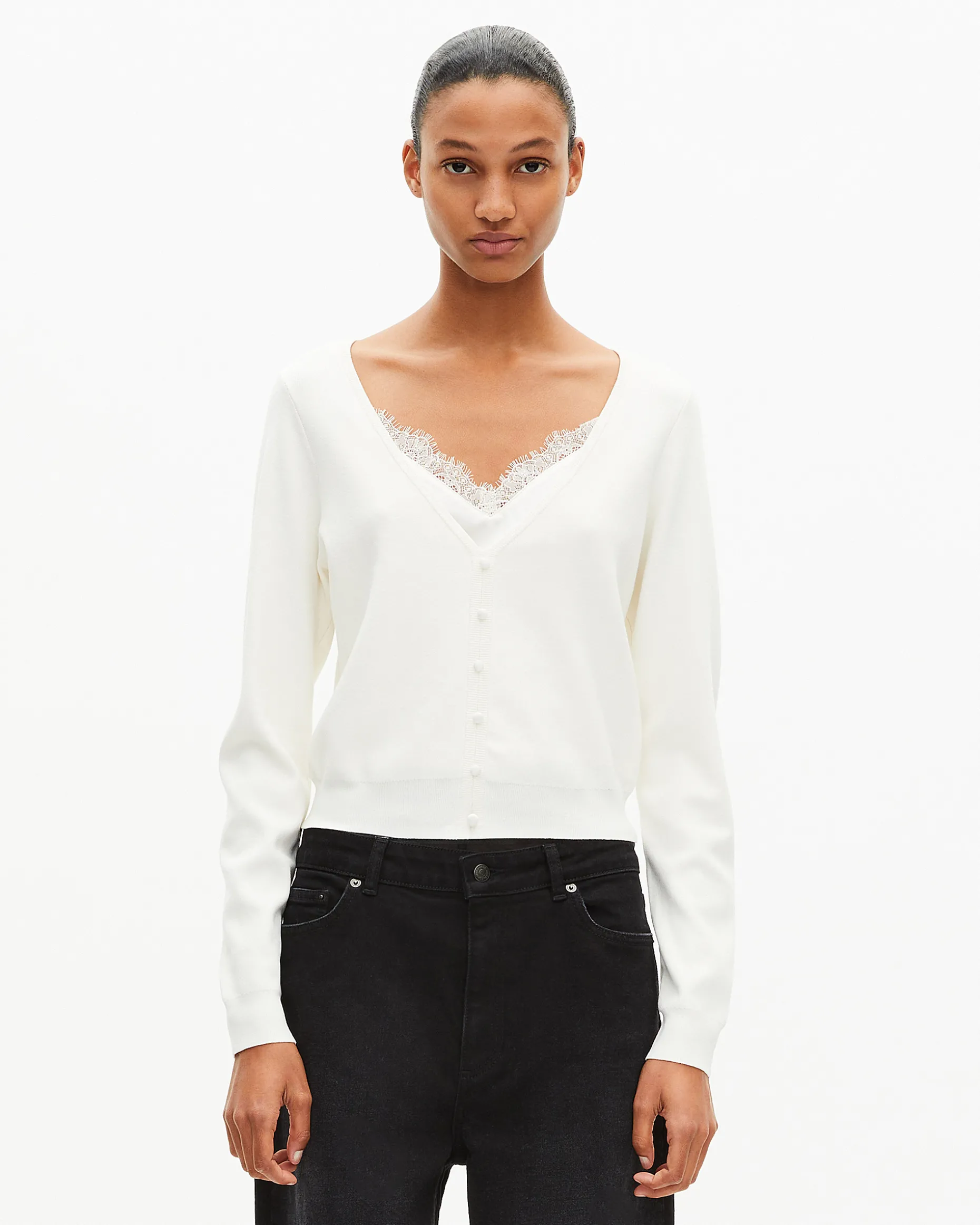 Pull effet trompe l'œil avec dentelle ecru