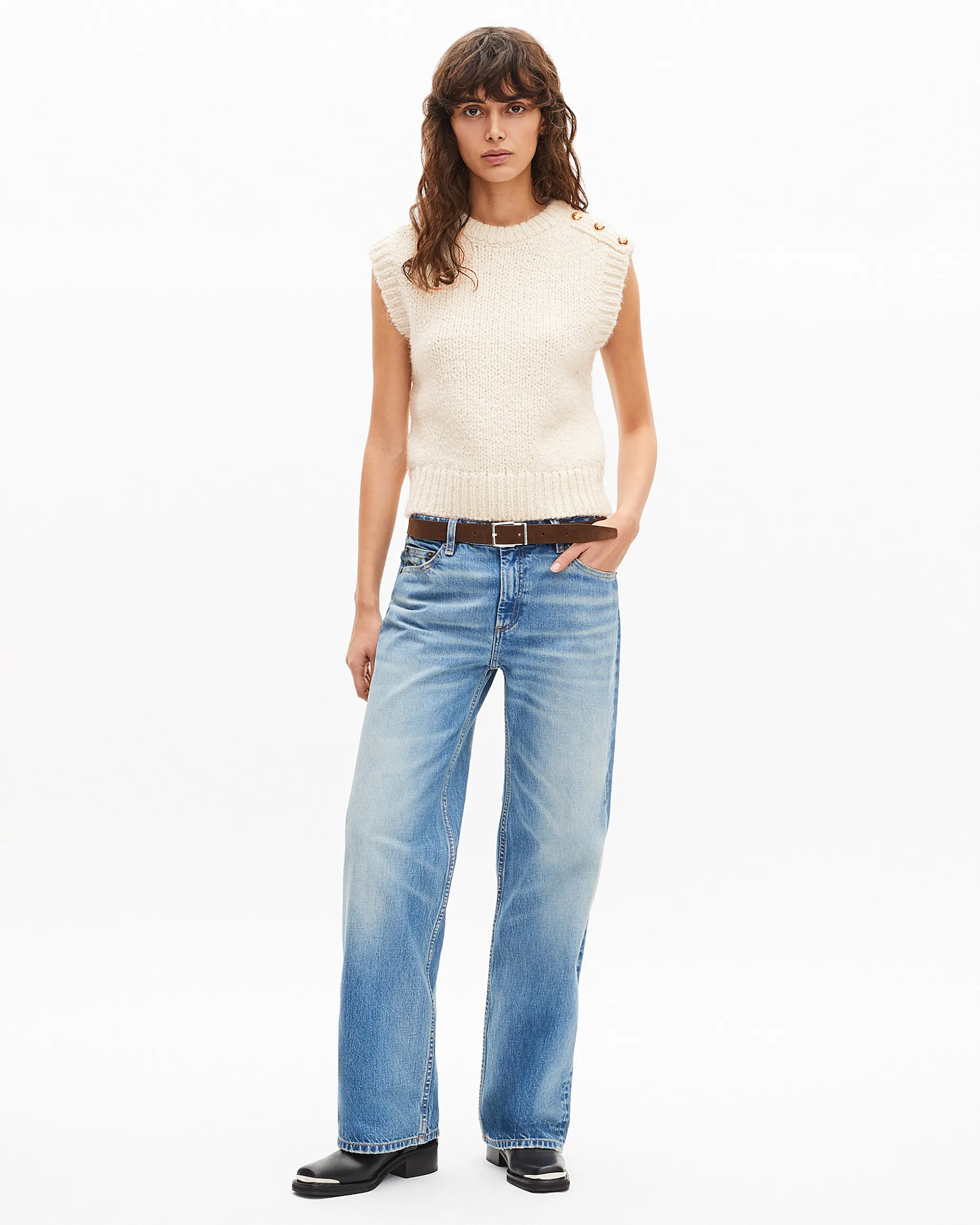 Pull sans manches en laine mélangée écru