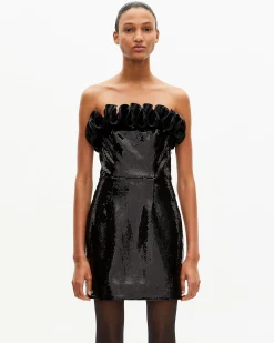 Robe bustier courte sequins avec détail effet cuir noire