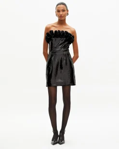 Robe bustier courte sequins avec détail effet cuir noire
