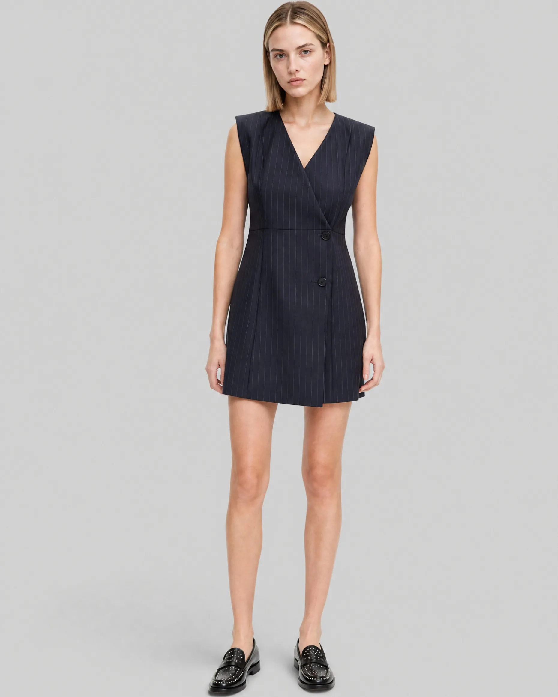 Robe courte croisée en laine rayures marine