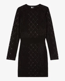 Robe courte en maille avec strass et perles noire
