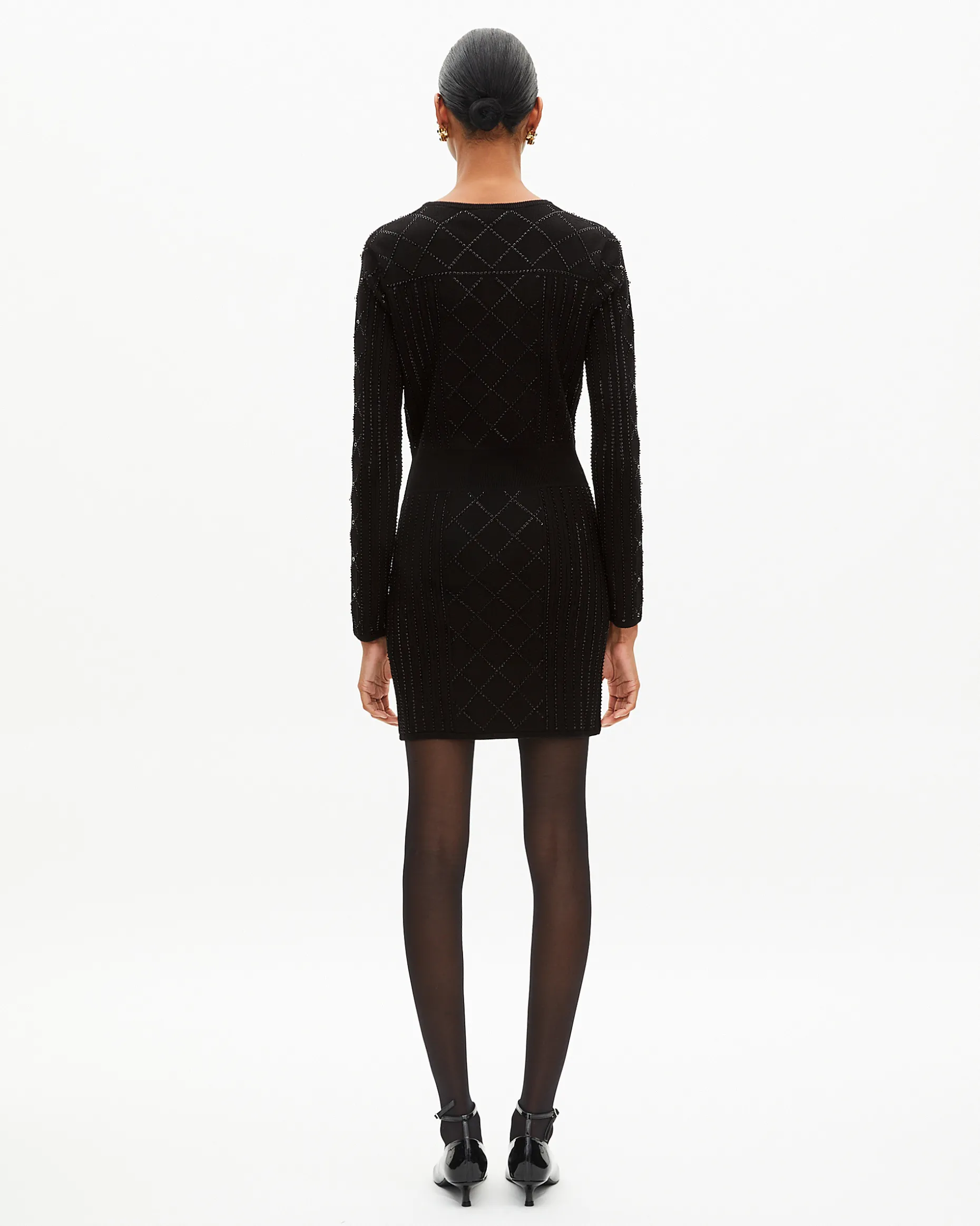 Robe courte en maille avec strass et perles noire