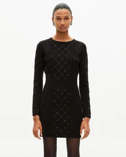 Robe courte en maille avec strass et perles noire