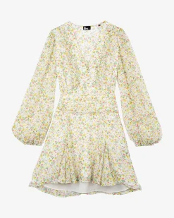 Robe courte plissée imprimé fleuri écrue