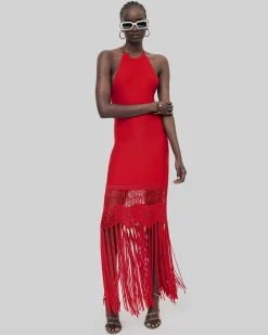 Robe dos nu avec franges en maille rouge