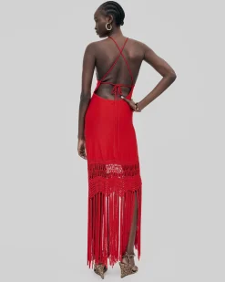 Robe dos nu avec franges en maille rouge