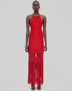 Robe dos nu avec franges en maille rouge