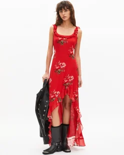 Robe longue avec volants imprimée fleurs rouge