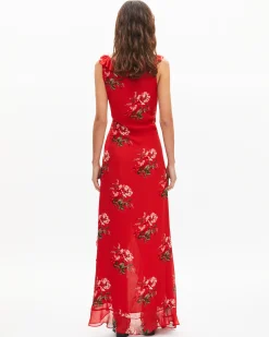 Robe longue avec volants imprimée fleurs rouge