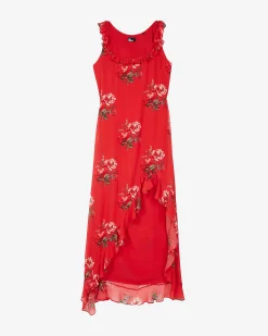 Robe longue avec volants imprimée fleurs rouge