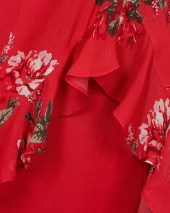 Robe longue avec volants imprimée fleurs rouge