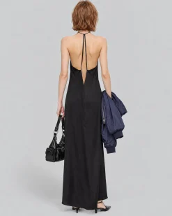 Robe longue dos croisé en satin noire