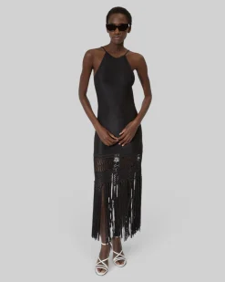 Robe longue dos nu avec franges en maille noire