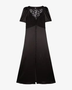 Robe longue en soie avec dentelle noire
