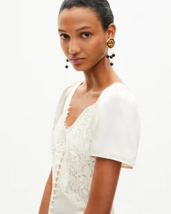 Robe longue en soie avec dentelle ecru