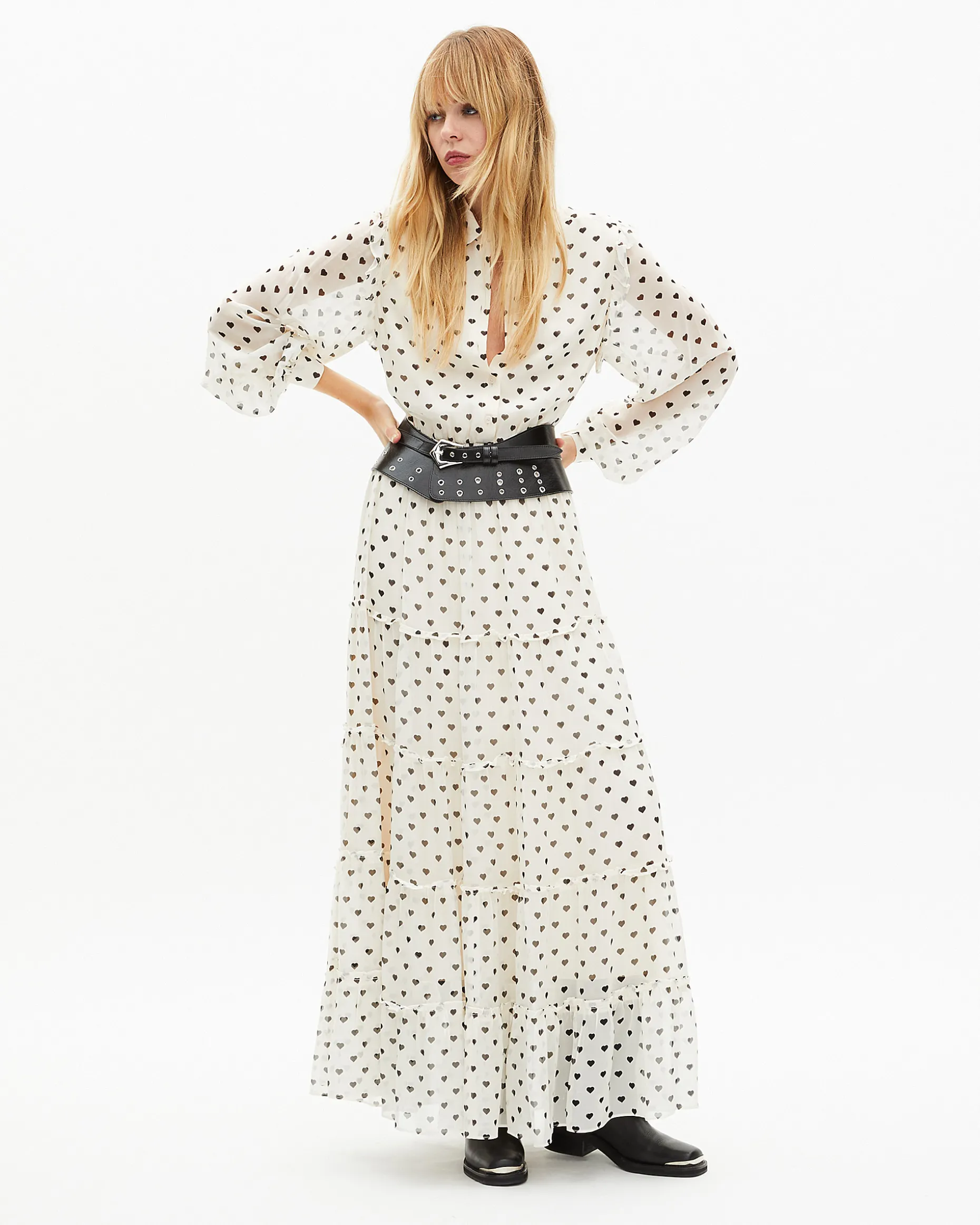 Robe longue imprimé cœurs écrue