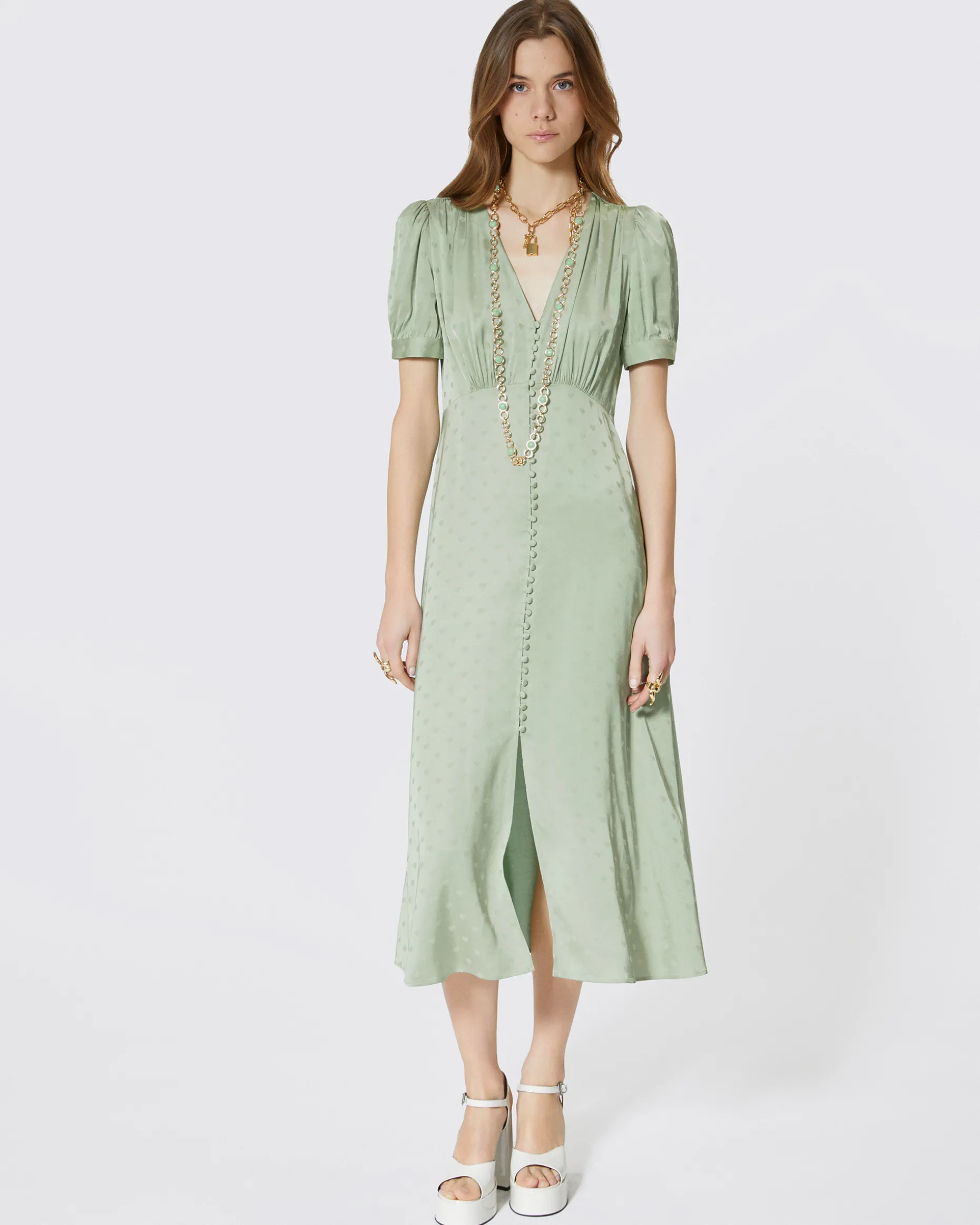 Robe longue jacquard cœur vert