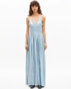 Robe longue plissée bleue