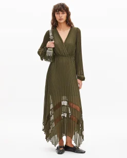 Robe longue plissée kaki