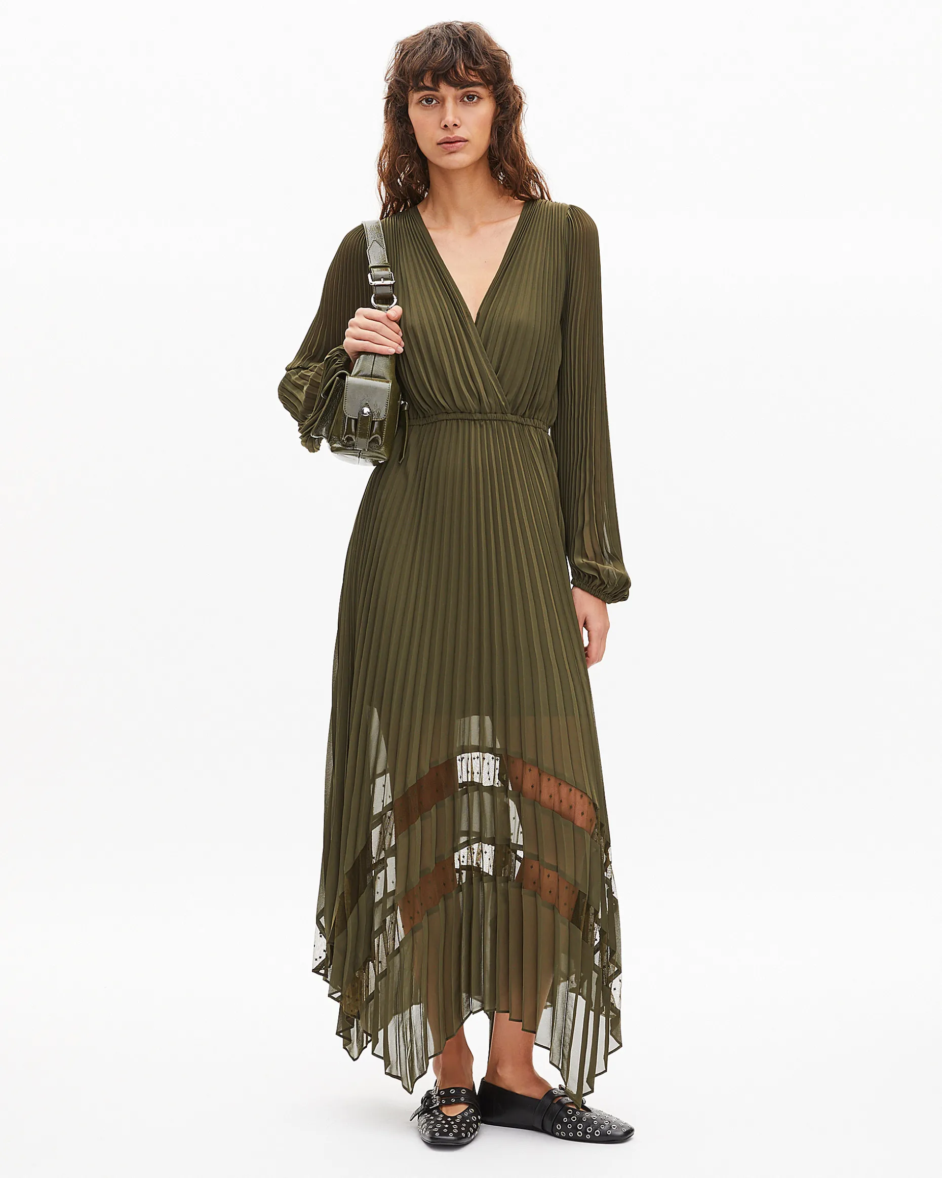 Robe longue plissée kaki