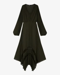 Robe longue plissée kaki