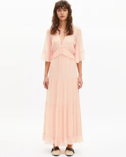 Robe longue volantée pêche