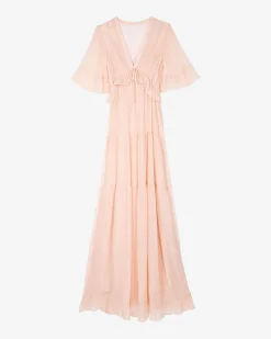 Robe longue volantée pêche