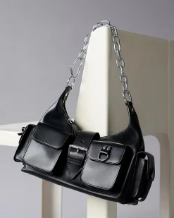 Sac Amelia avec chaîne en cuir lisse noir