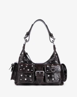 Sac Amelia clouté en cuir craquelé marron
