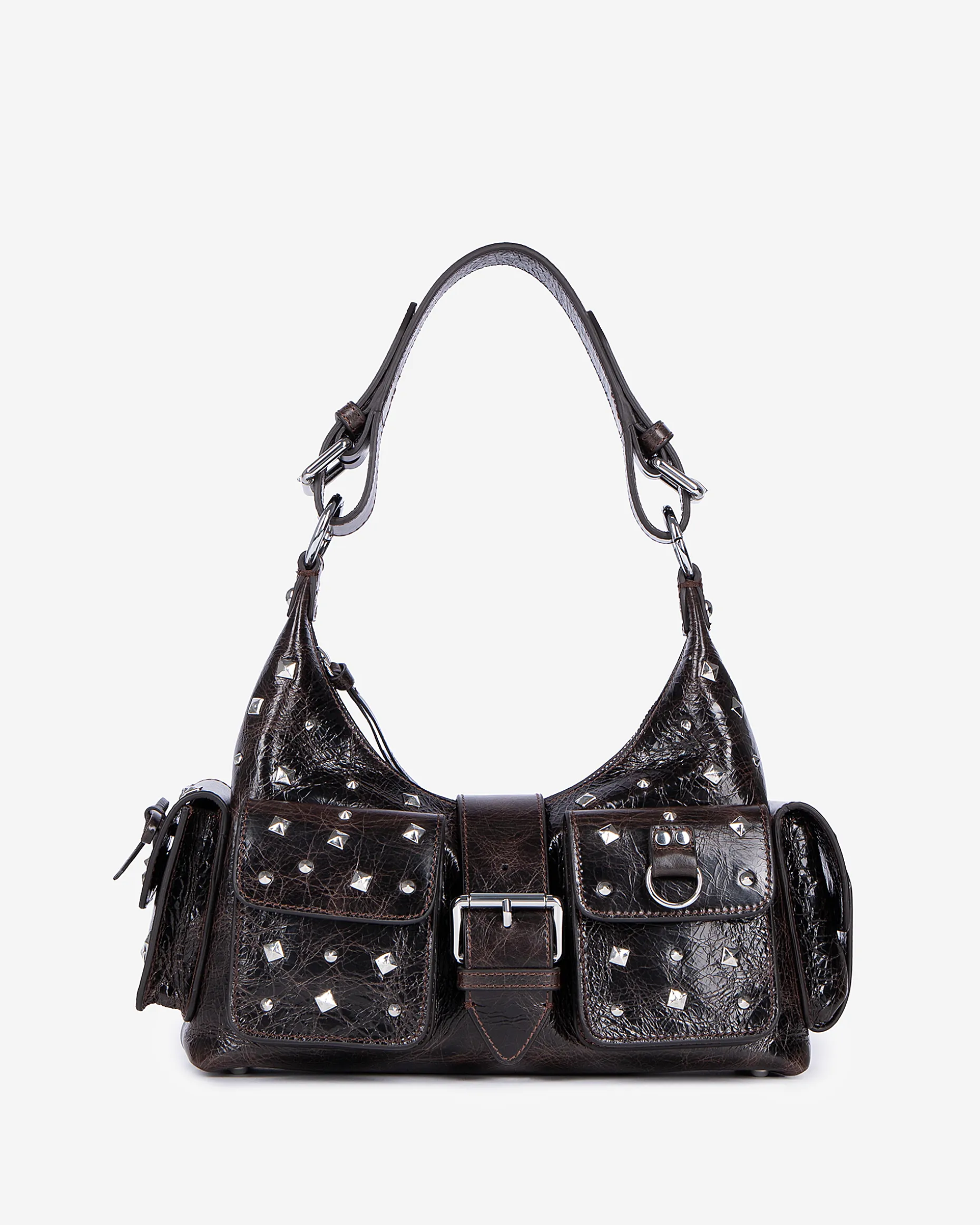 Sac Amelia clouté en cuir craquelé marron