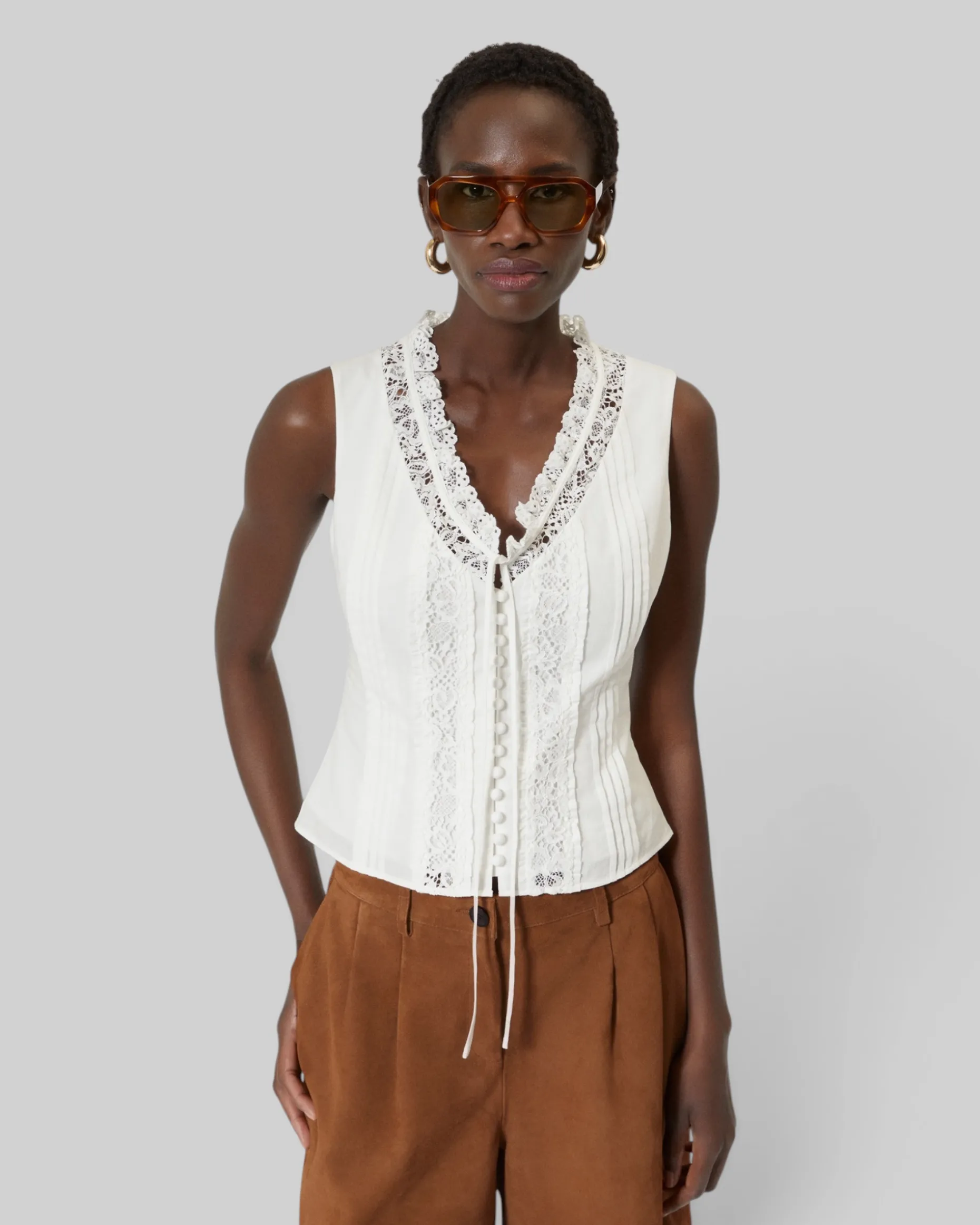 Top en coton avec incrustation dentelle écru