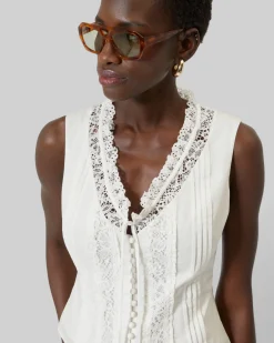 Top en coton avec incrustation dentelle écru