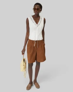 Top en coton avec incrustation dentelle écru