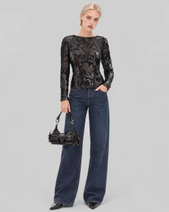 Top en dentelle et sequins noir