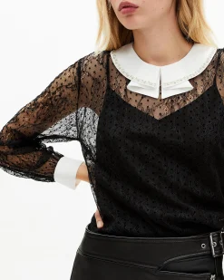 Top en dentelle plumetis avec strass noir