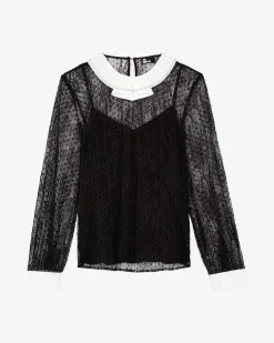 Top en dentelle plumetis avec strass noir