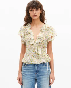 Top volanté imprimé fleuri blanc