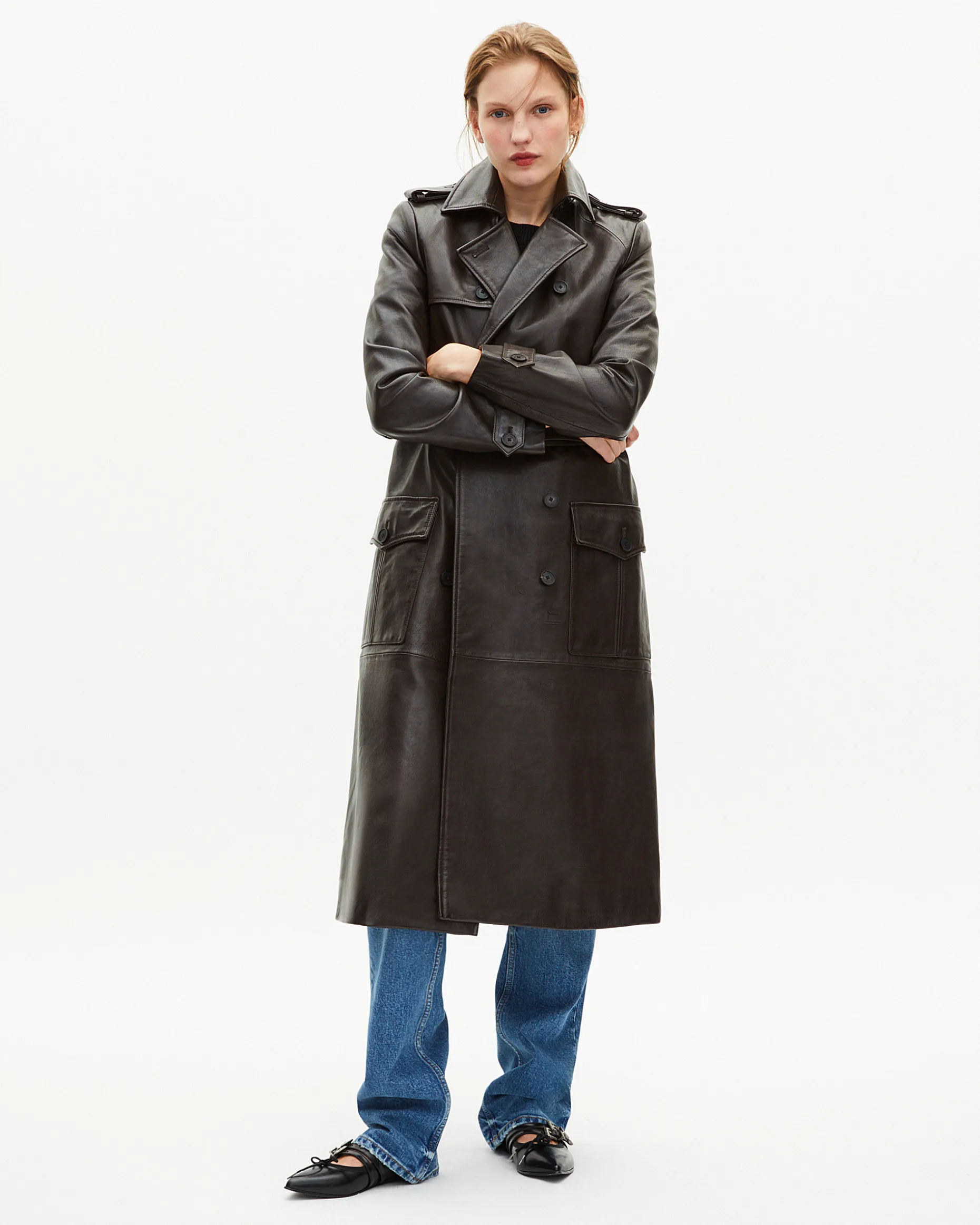 Trench long en cuir marron