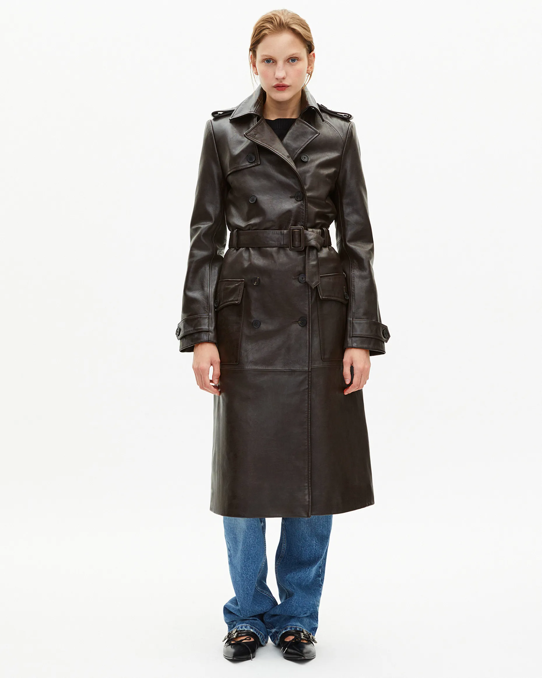 Trench long en cuir marron