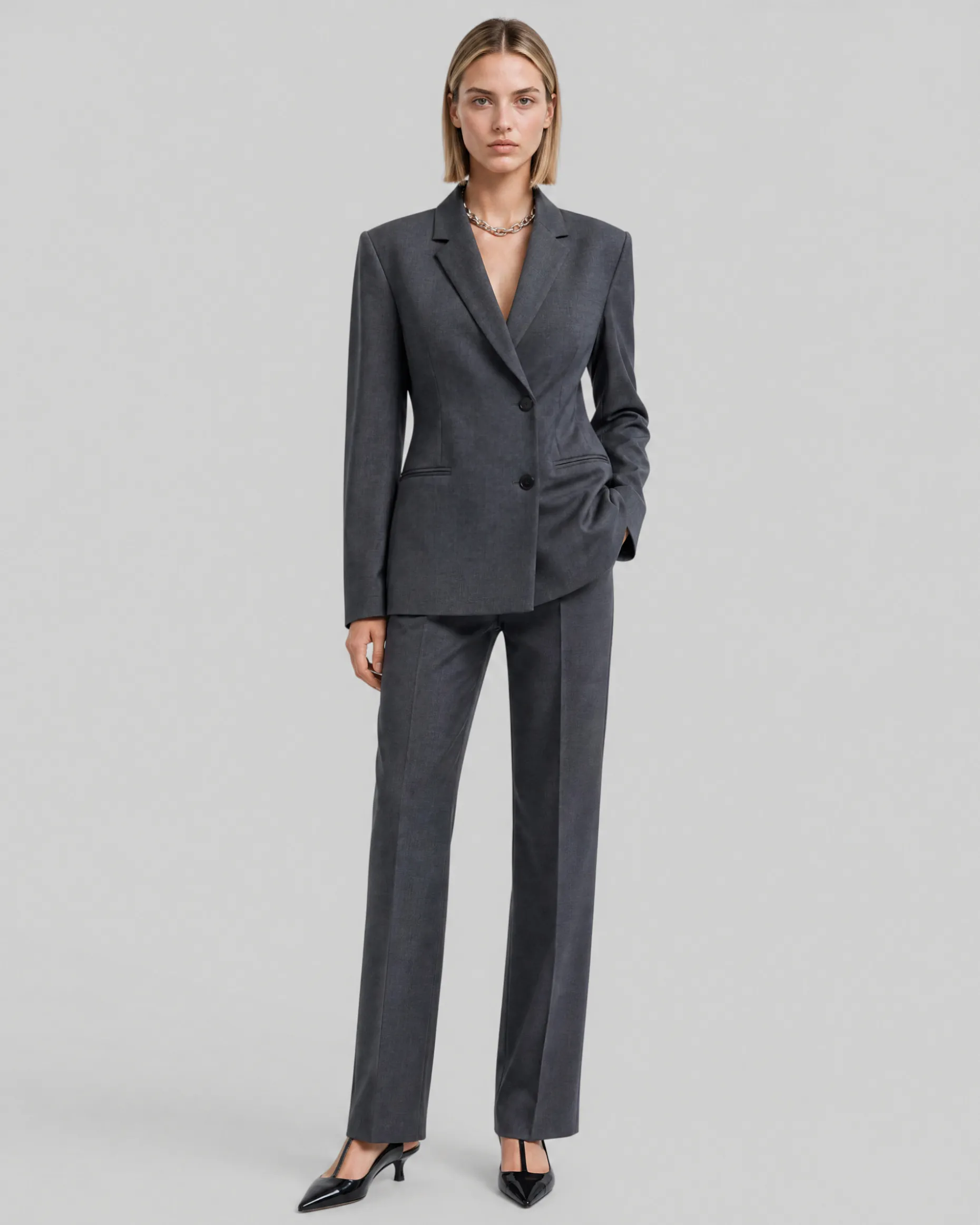 Veste de tailleur ajustée en laine mélangée grise