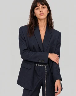 Veste de tailleur ample en laine motif fines rayures marine
