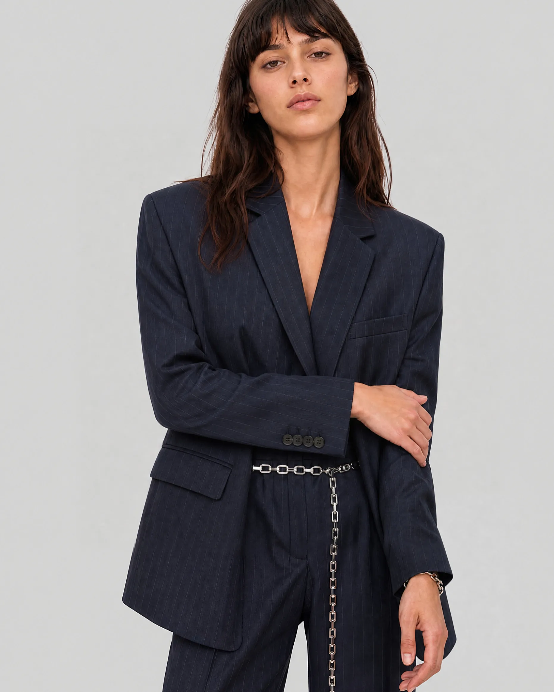 Veste de tailleur ample en laine motif fines rayures marine
