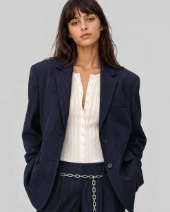 Veste de tailleur ample en laine motif fines rayures marine